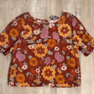 ModCloth Floral Short-Sleeve Linen/Cotton Top in Rust and Pink